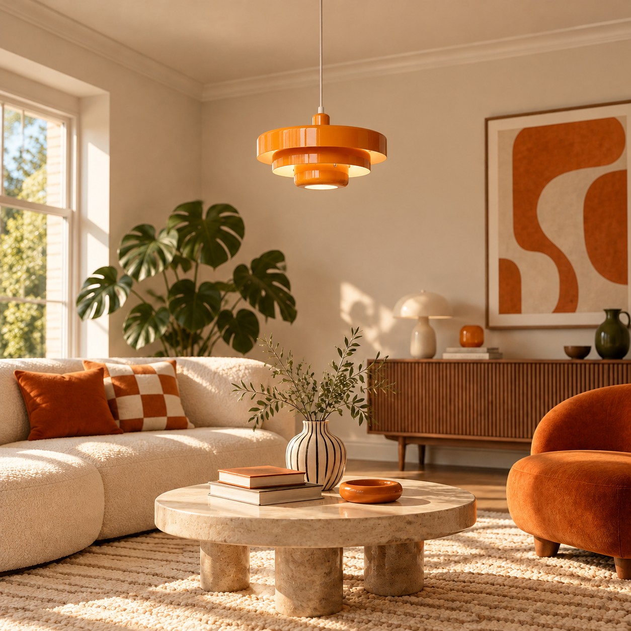 Een plafondlamp in een crèmekleurige hal