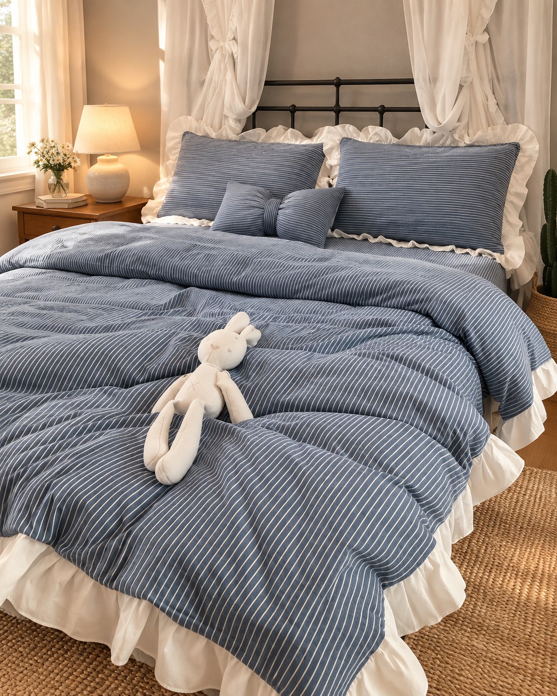 Blauw gestreept beddengoed met witte ruches