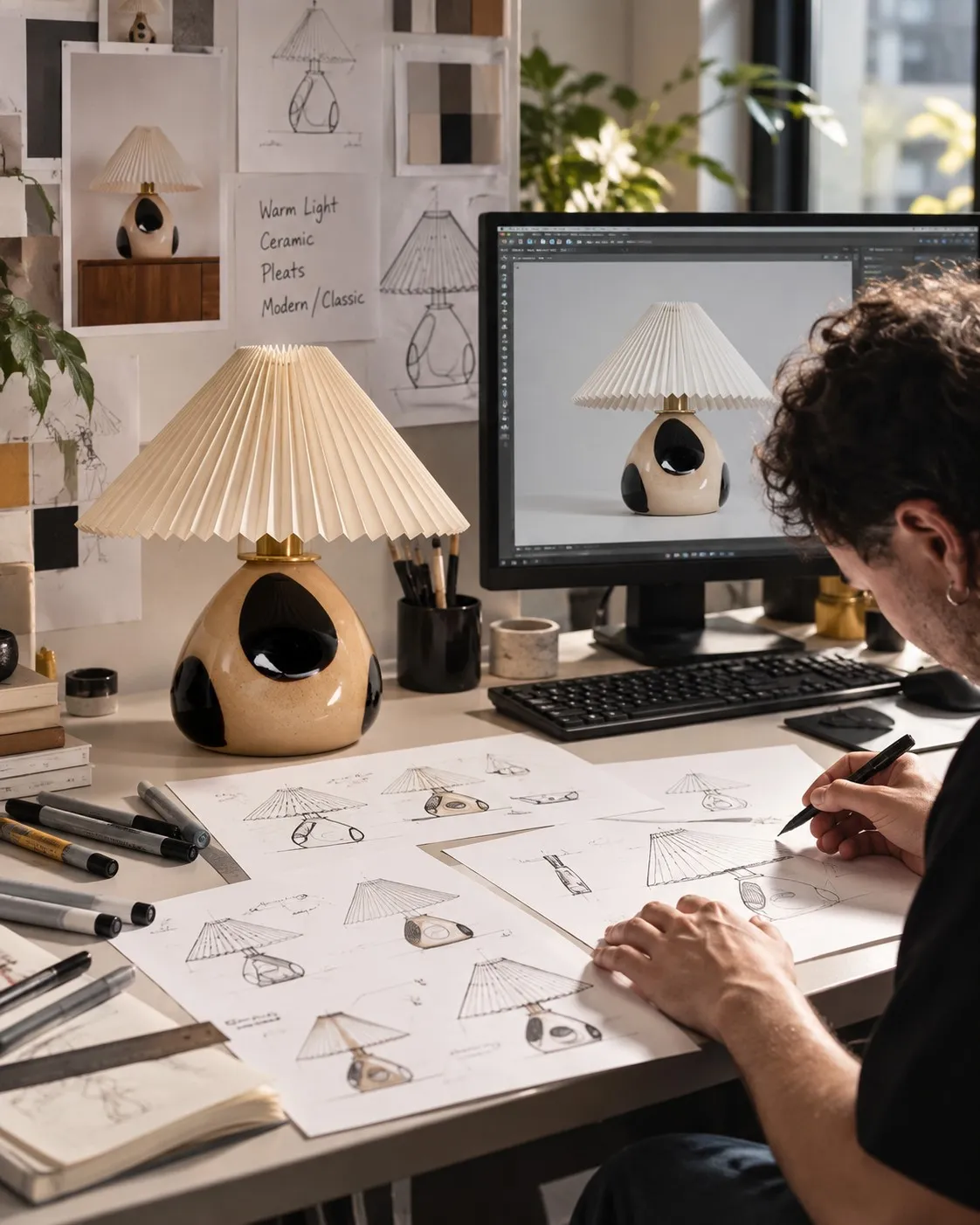 A lamp being developed at the drawing table