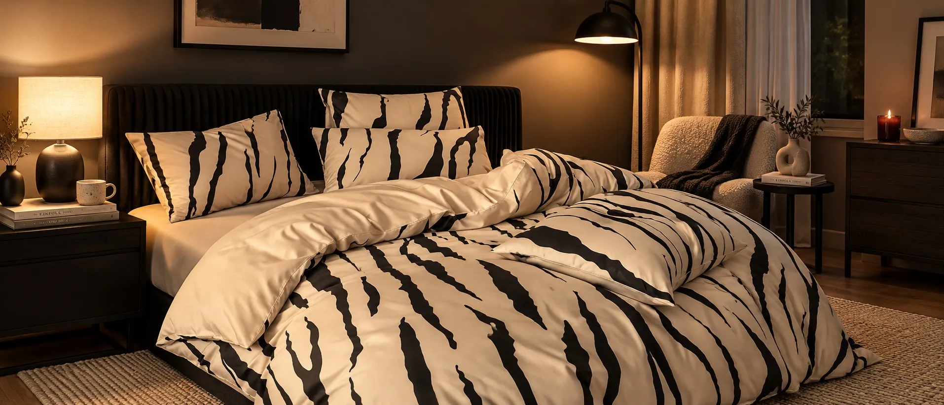 Bedroom with a lit table lamp, floor lamp and bedding