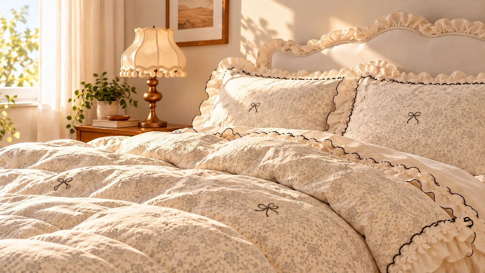 Floral bedding with ruffled trim and a lamp in daylight