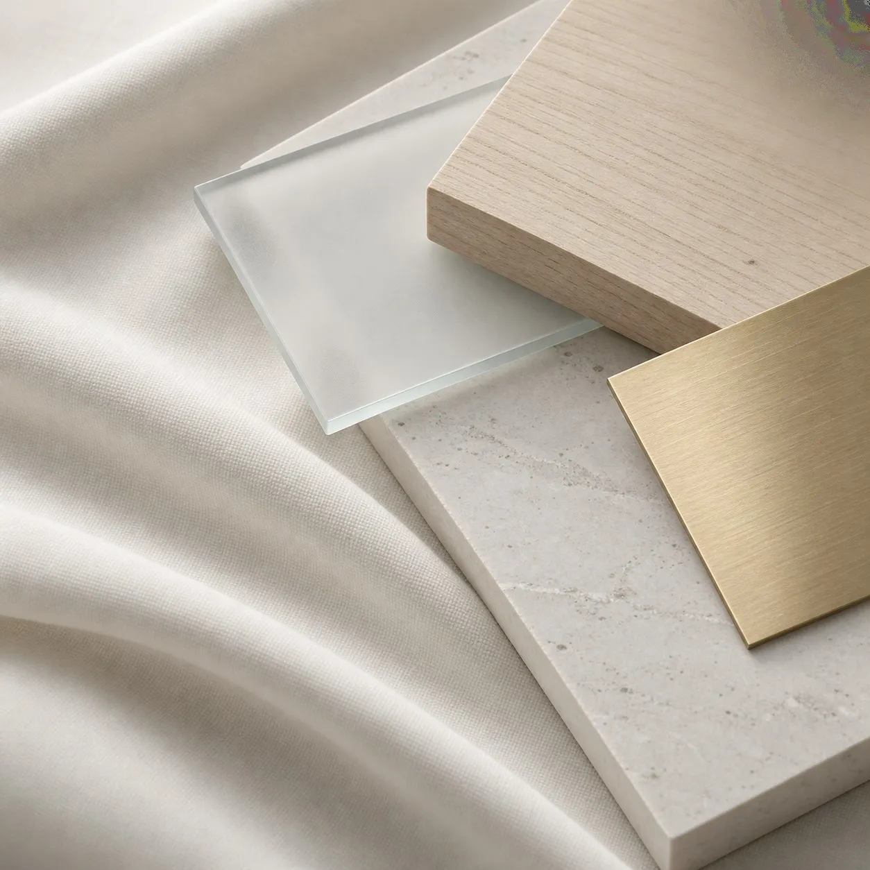 Linen, glass, wood, stone and metal