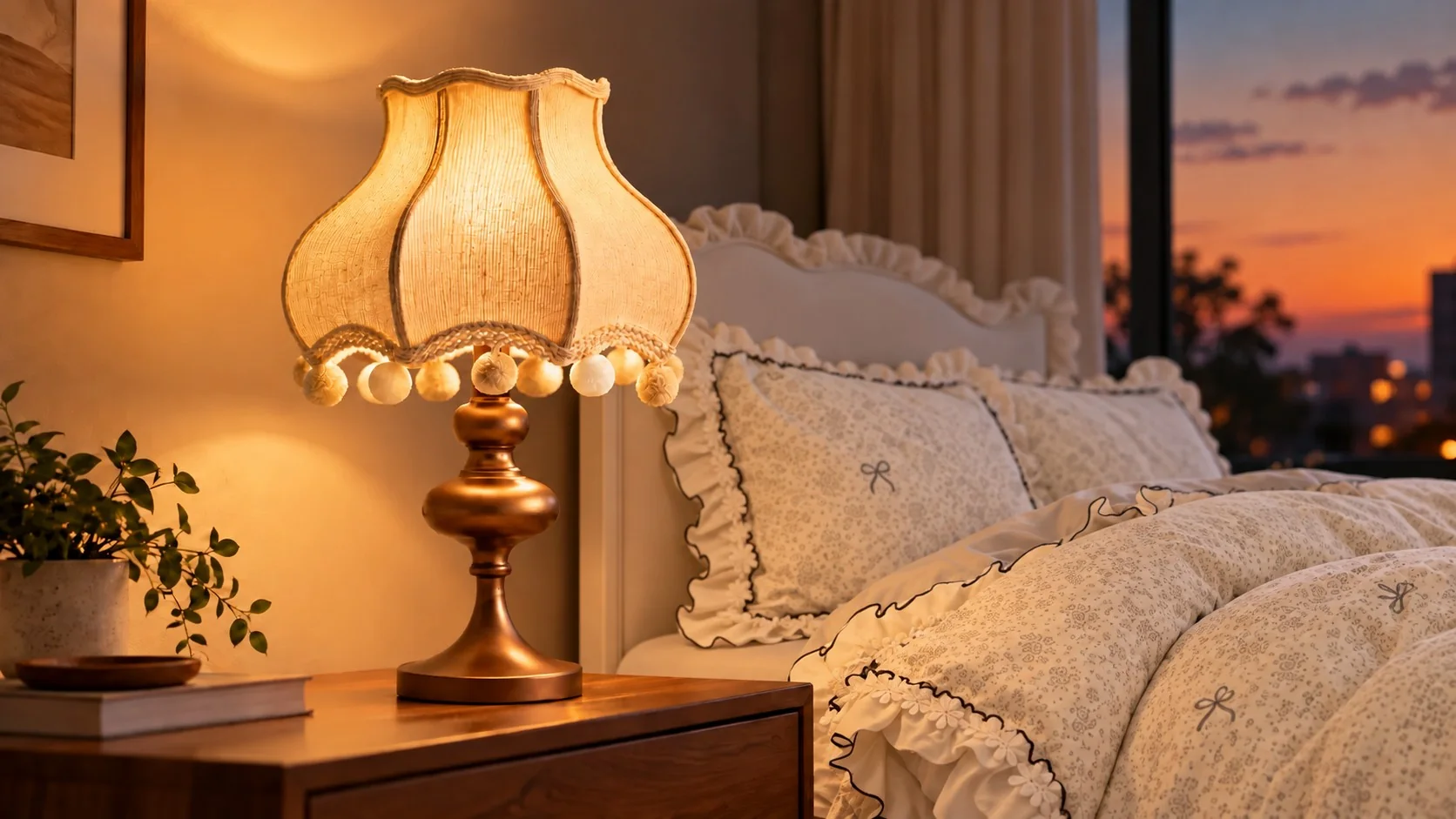 Lit table lamp with a pom-pom shade beside the bed