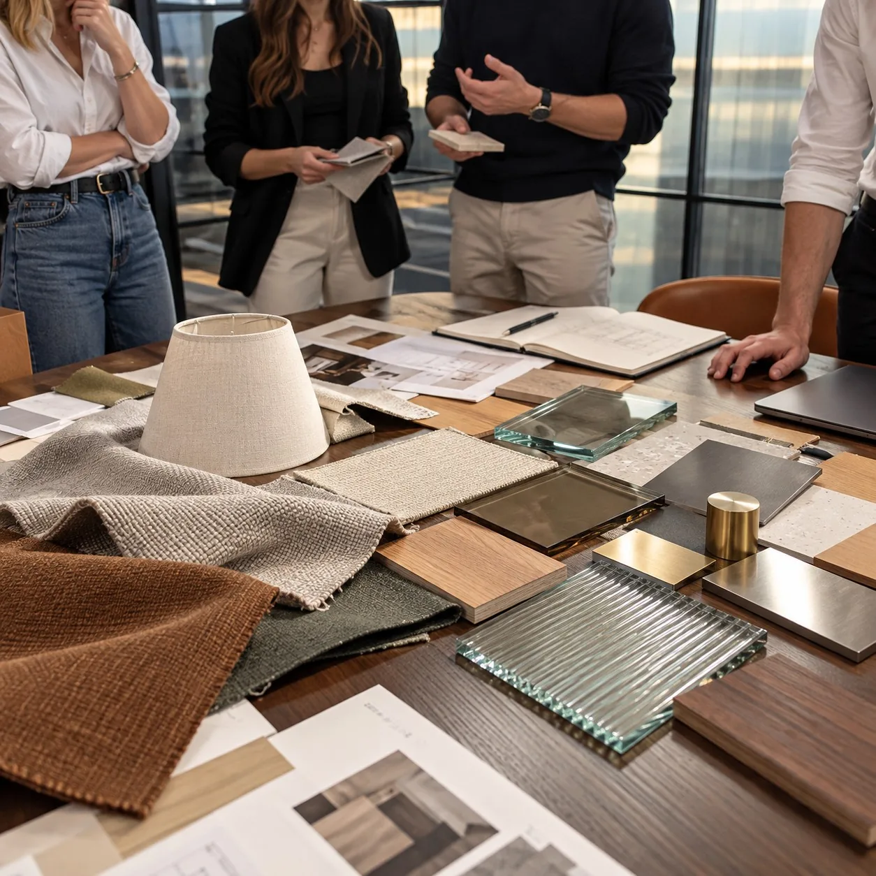 Fabric, a lampshade, glass, wood and metal reviewed together