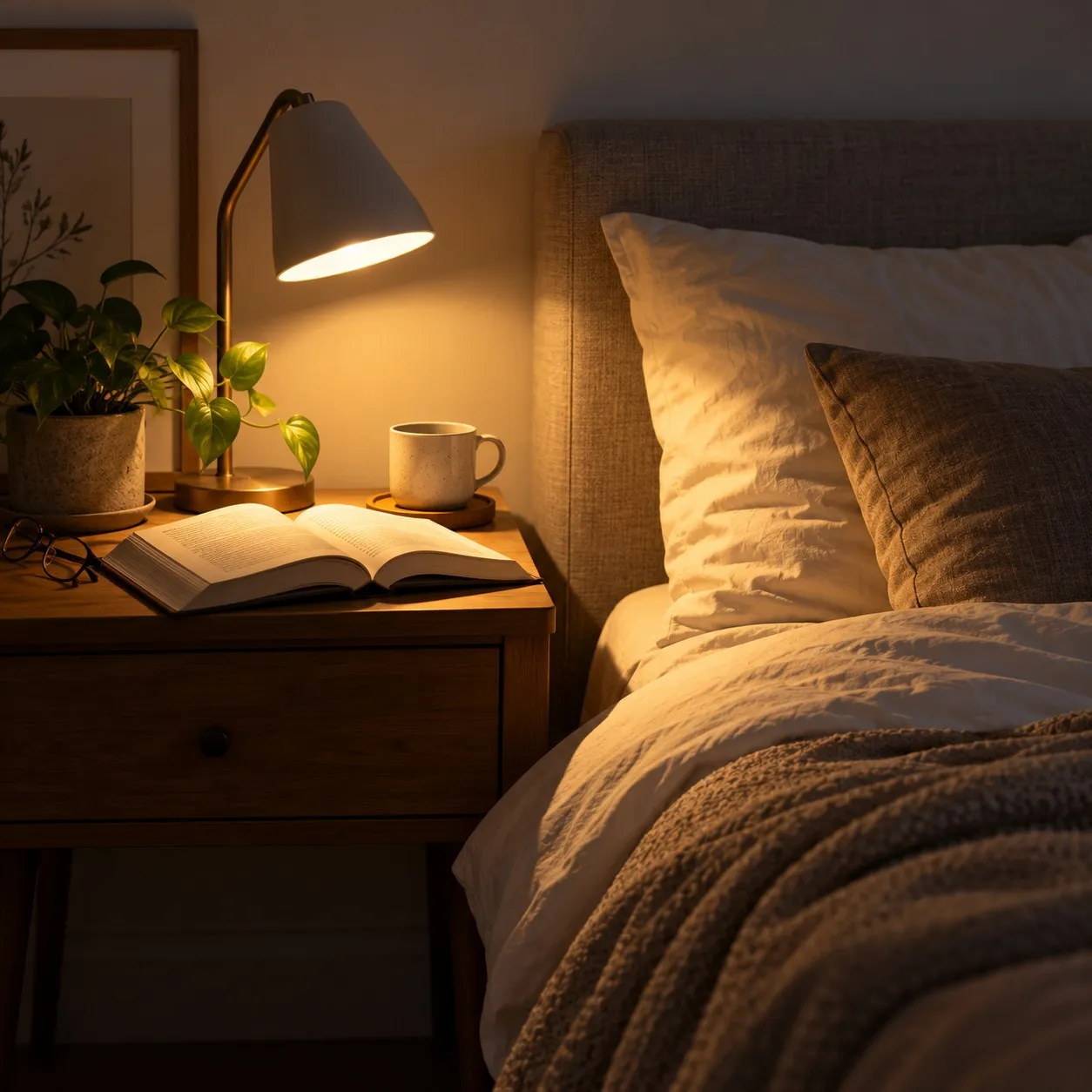 A reading lamp beside the bed in the evening