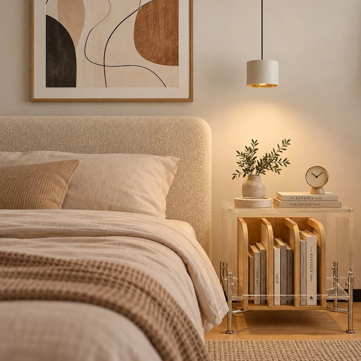 A pendant lamp lighting the bed and bedside table