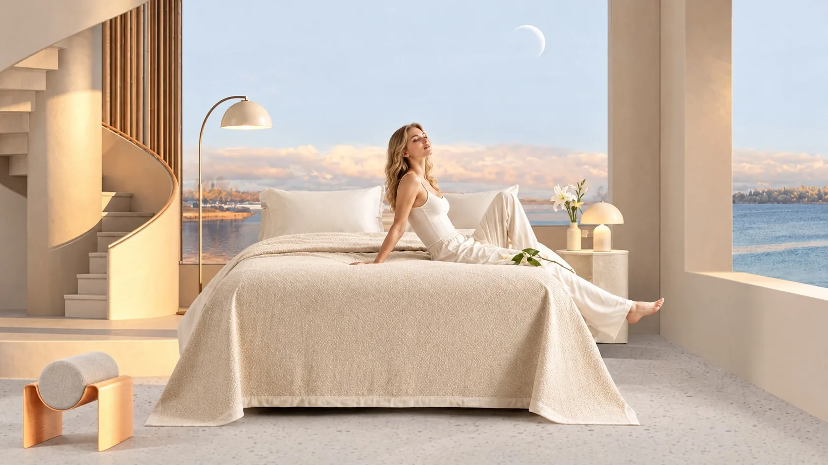 Bedroom with a floor lamp, bedside lamp and bedding